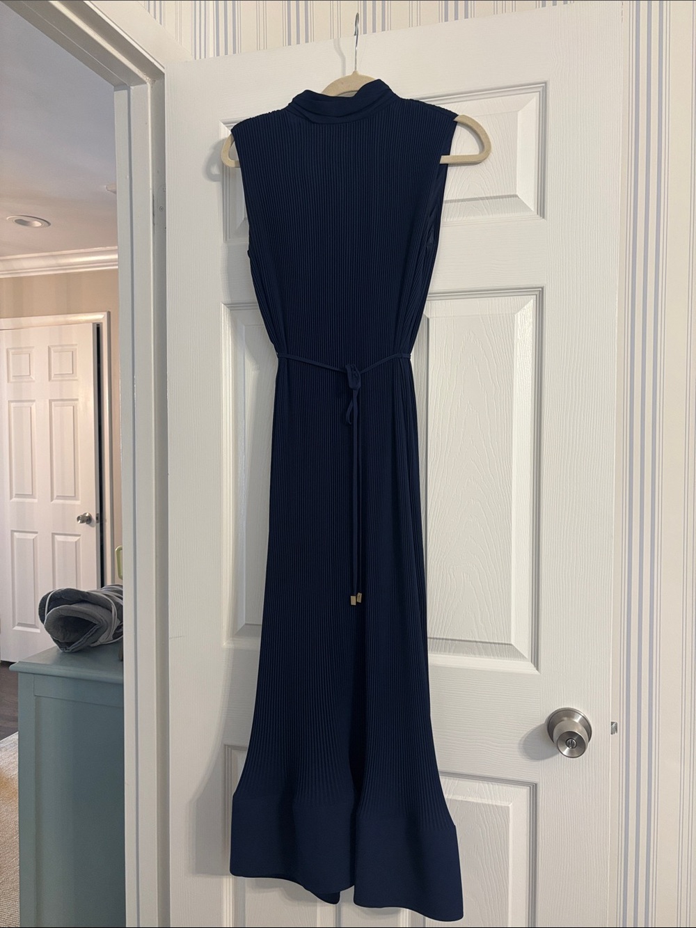 MILLY Sleeveless Navy Mock-Neck Midi Dress with Waist Tie